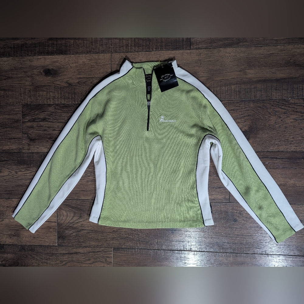 Obermeyer Wool Blend 1/4 Zip Knit Pullover Lime Green & White Budweiser Logo NWT